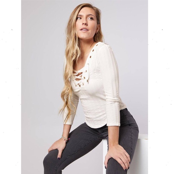 Free People Ice Cold Lace Up Ribbed Top White Size Medium - Picture 5 of 8